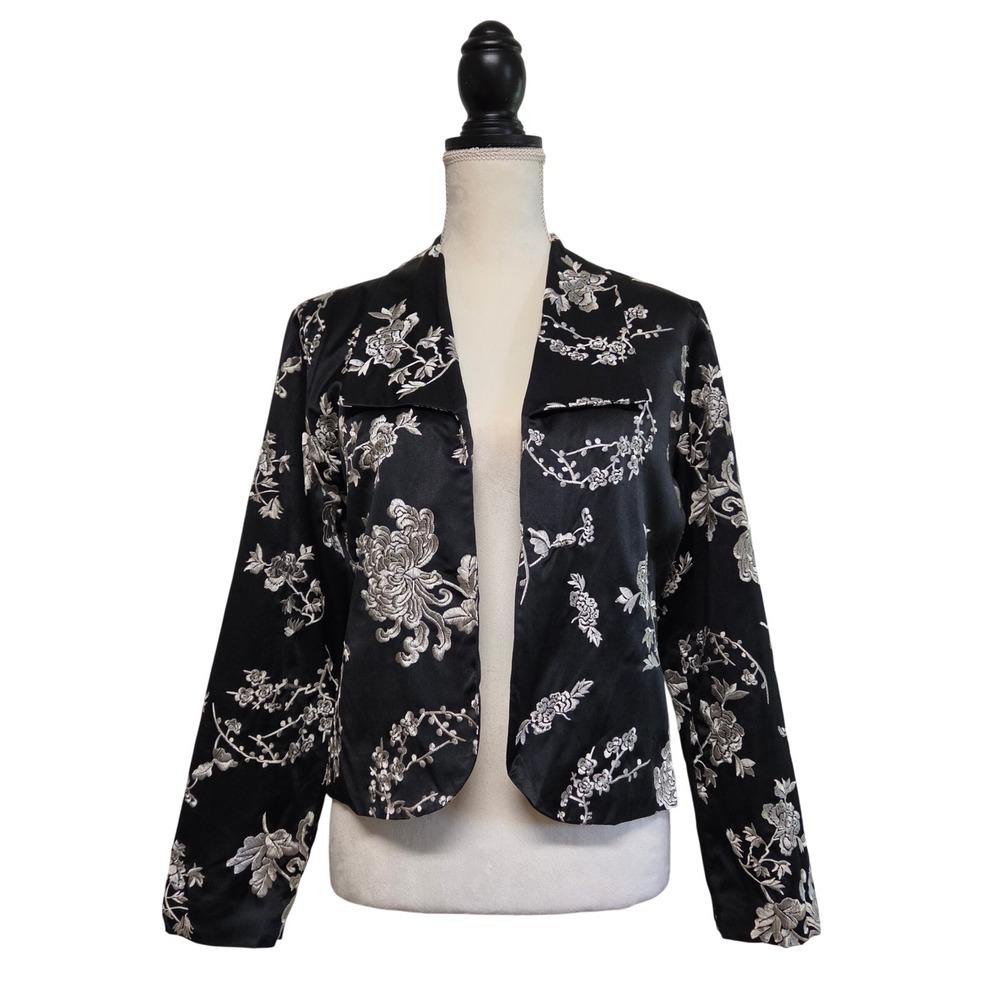 Chico's Eastern Mood Lenie Jacket 1 (M 8/10) Black Floral Embroidery Silk Satin